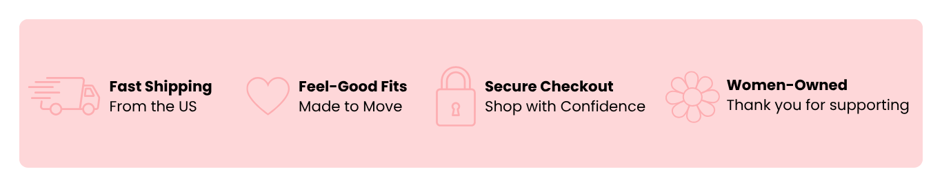 Pink banner with icons and text about shipping, fit, security, and business ownership on a pink background.