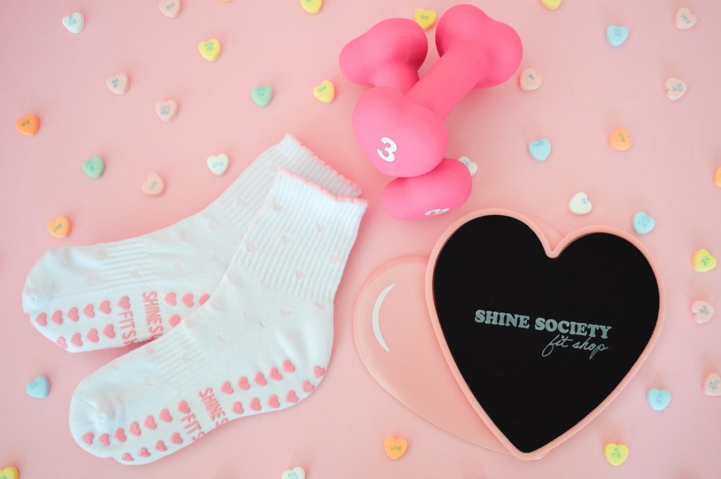 mini heart grip socks, 3lb heart weights and heart shaped sliding discs