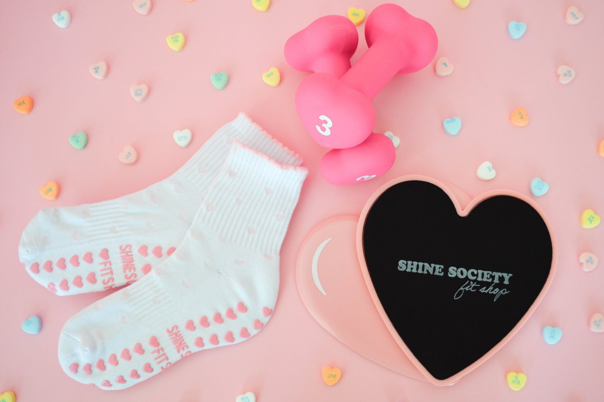 mini heart grip socks, 3lb heart weights and heart shaped sliding discs