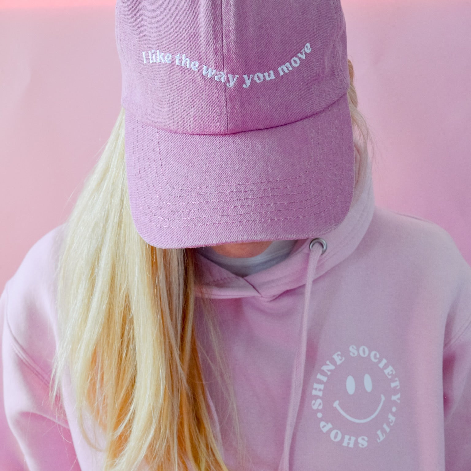 cute pink dad style hat with I like the way you move saying