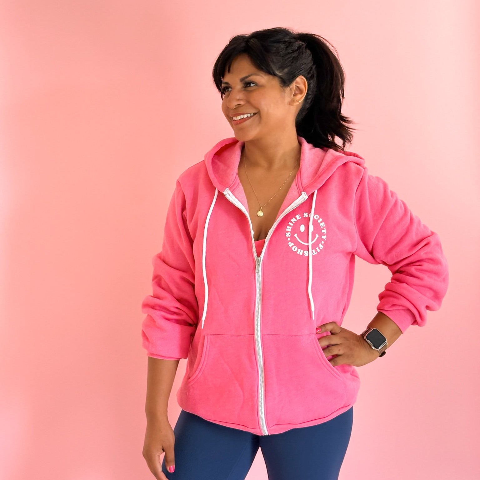 Pink zip hoodie sweatshirt with happy face logo