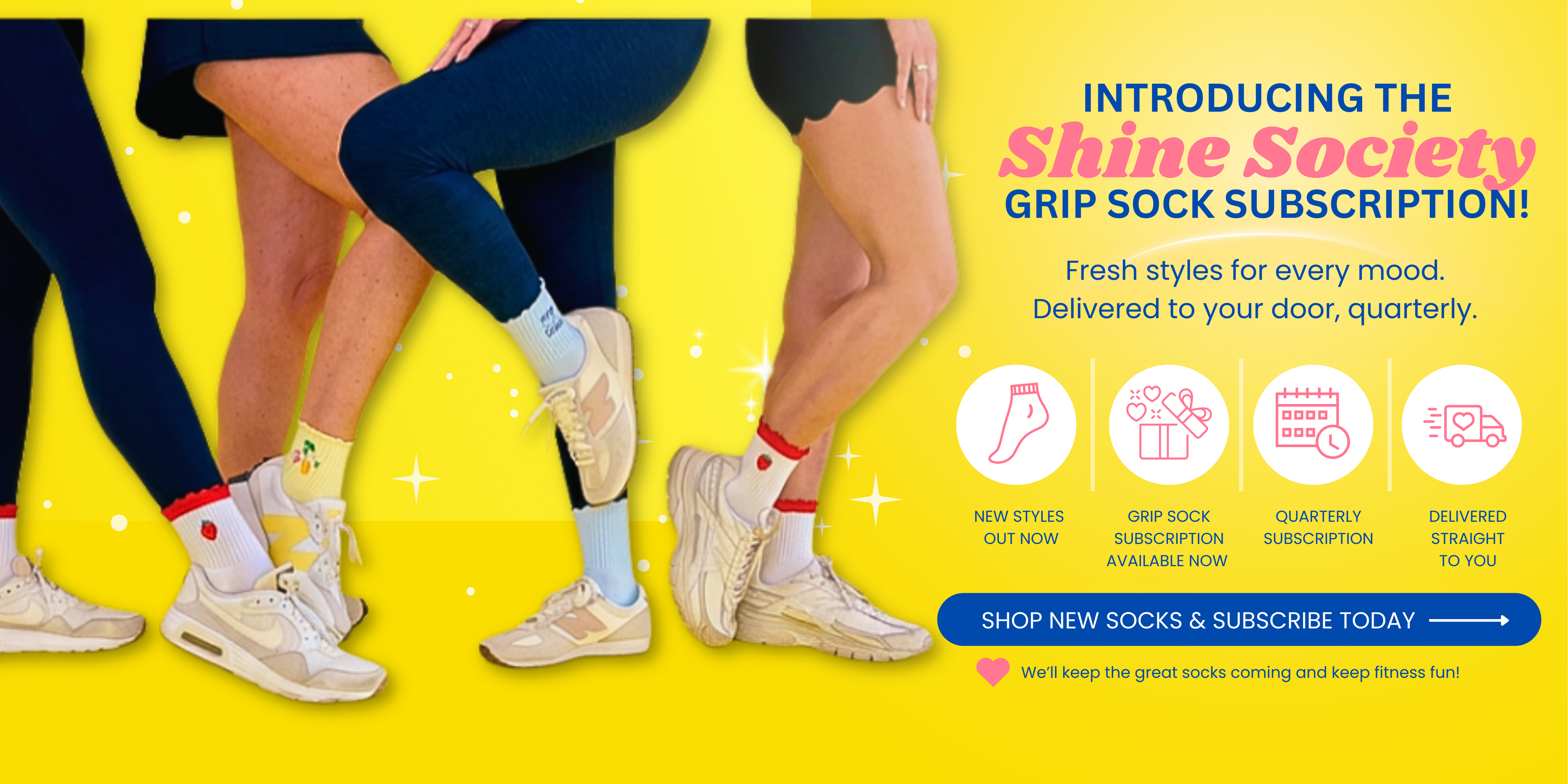 Promotional image for a sock subscription service with people wearing colorful socks on a yellow background.