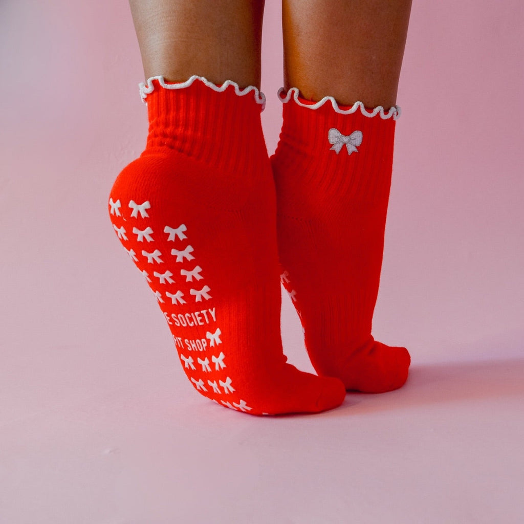pilates grip sock bow red holiday